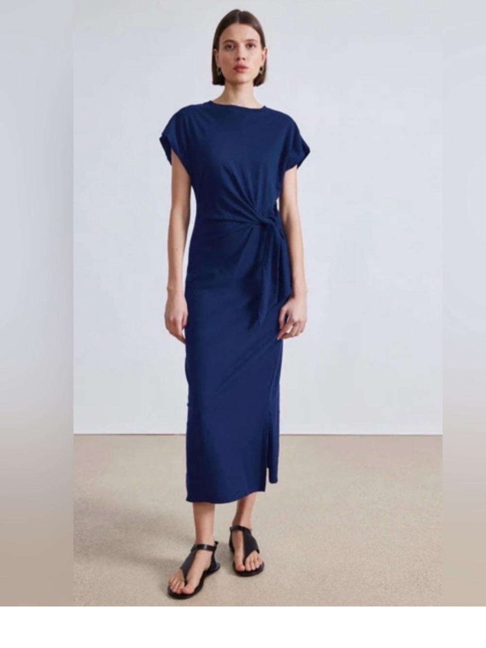 Apiece Apart VANINA CINCHED Tie WAIST Maxi Slit DRESS in Navy Blue